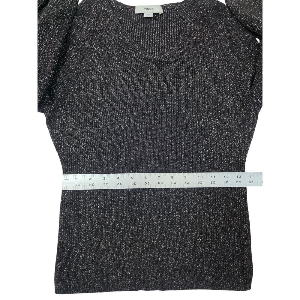 VINCE Black V-Neck Ribbed Sweater w/Metallic Shimmer Thread - Picture 10 of 10